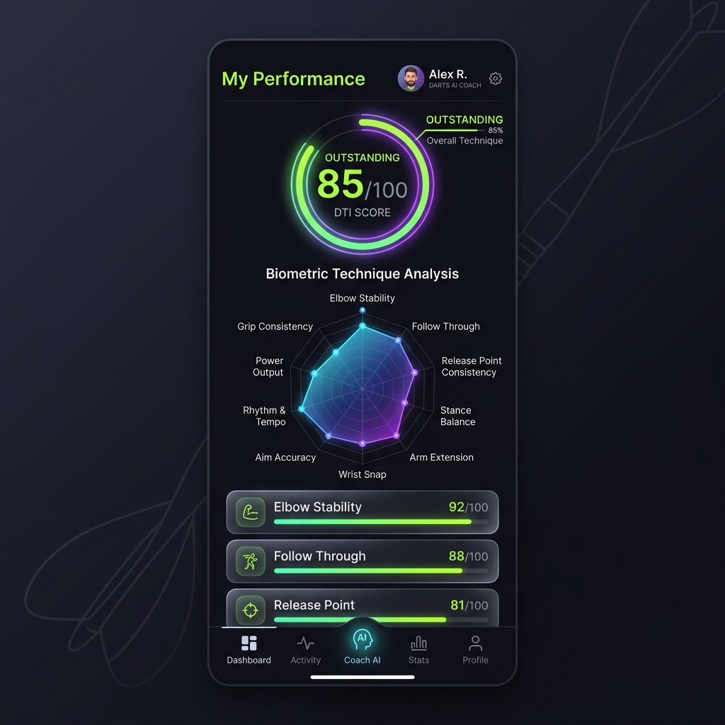 DartsAI — главный экран с DTI Score и биометрическим анализом